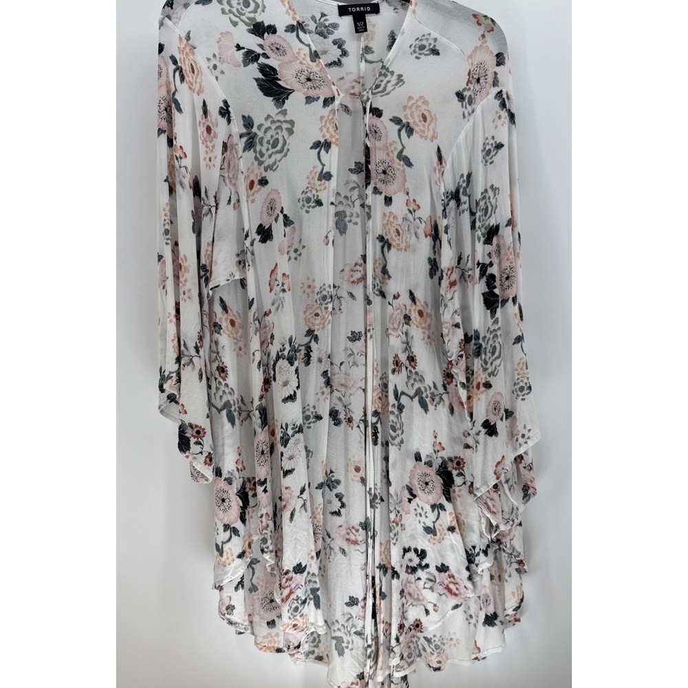 Torrid White Floral Swiss Dot Hi-Lo Kimono Size 1/2X Open Front Sheer